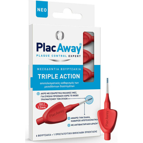 Plac Away Μεσοδόντιο Βουρτσάκι Triple Action 0.5mm, ISO 2, Κόκκινο, 6τεμ