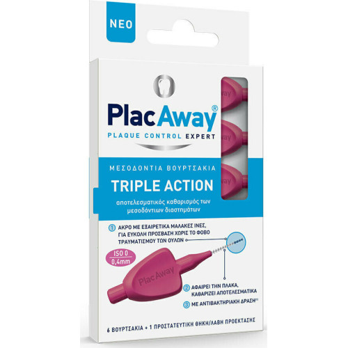 Plac Away Μεσοδόντιο Βουρτσάκι Triple Action 0.4mm, ISO 0, Ροζ, 6τεμ